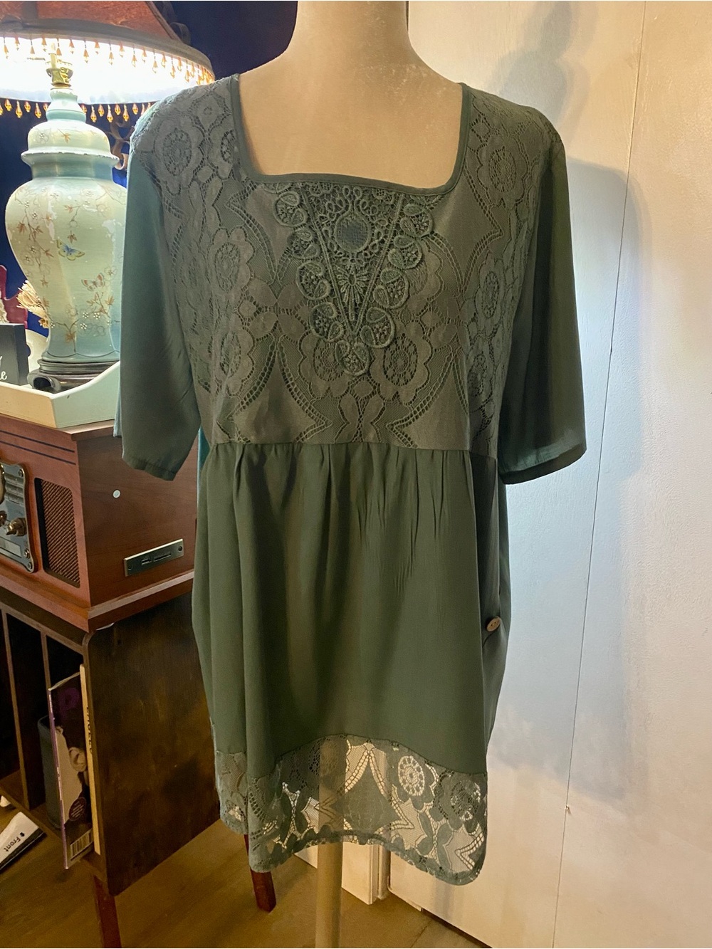 Women's Olive Green Lace Yoke Tunic Top